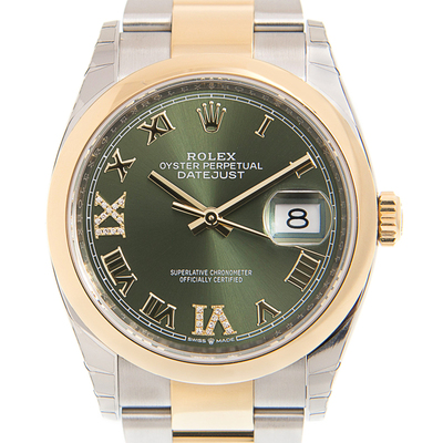 Rolex Datejust 36mm Olive Green Diamond Dial Mens Steel Yellow Gold Oyster Watch Ref. 126203GNRDO (arb6580)
