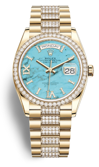 Rolex Day-Date 36 Turquoise Dial Yellow Gold Diamond Set Watch Ref. 128348TQRSDP 128348TQRSDDP (arb5785)