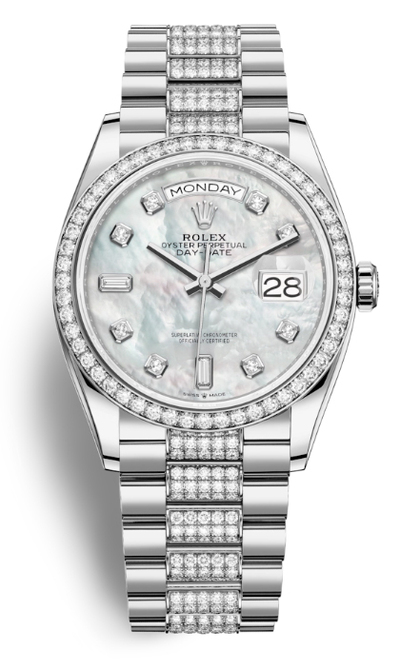 Rolex Day-Date 36 Mother of Pearl Dial White Gold Diamond Set President Watch Ref. 128349mddp (arb4147)