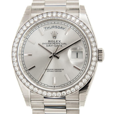 Rolex Day-Date 36 Silver Dial 18kt White Gold President Watch Ref. 128349SSP (arb4151)