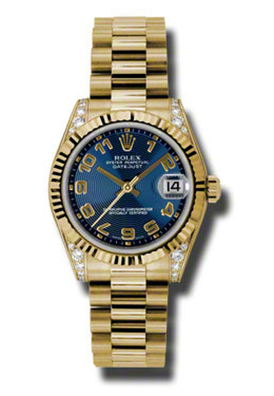 Rolex Datejust Lady 31 Blue Concentric Circle Dial, 18K Yellow Gold President Automatic Ladies Watch - Article Number: 178238BLCAP (blue, arb4160)