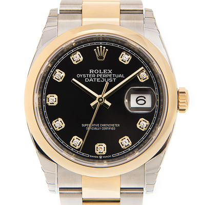 Rolex Datejust 36 Black Diamond Dial Mens Steel and Yellow Gold Jubilee Watch Ref. 126203BK M126203-0022 (black, arb6575)