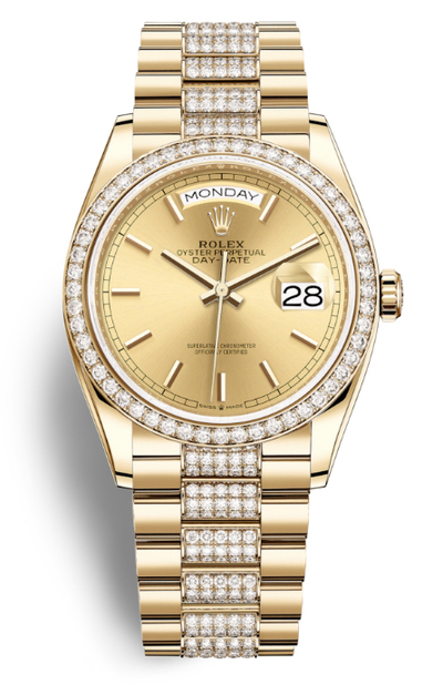 Rolex Day-Date 36 Champagne Dial Yellow Gold Diamond Set President Watch Ref: 128348csdp (beige, arb5774)