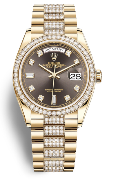 Rolex Day-Date 36 President Watch, 18kt Yellow Gold Case, Dark Grey Dial with Diamond Accents and Date Display 128348GYDDP (arb5780)