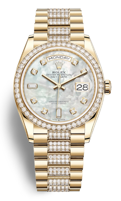 Rolex Day-Date 36 Mother of Pearl Dial Yellow Gold Diamond Set President Watch Ref:128348mddp (arb5782)