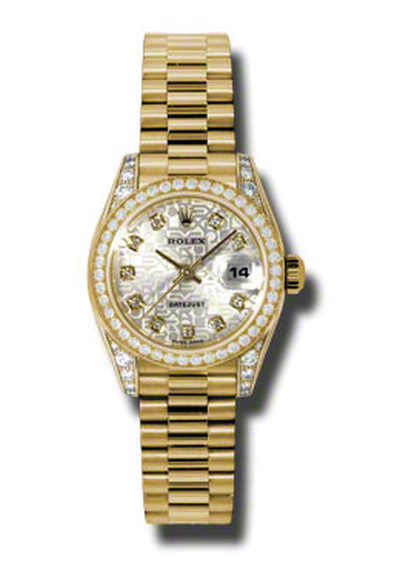 Rolex Lady Datejust 26mm Silver Dial Diamond Encrusted Yellow Gold Watch with President Bracelet, Model: 179158SJDP (arb5825)