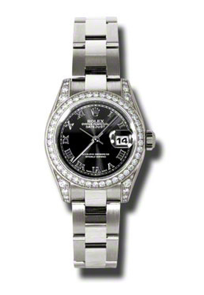 Rolex Lady Datejust 26 Black Dial 18K White Gold Diamond Lug Oyster Bracelet Automatic Watch Ref. 179159BKRO (black, arb5833)