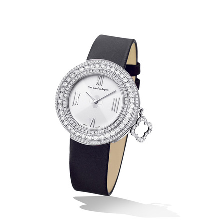 Van Cleef & Arpels Charms Silver Dial Ladies Watch, 18kt White Gold Case, Diamond Accent, Black Satin Strap, vcarm95400 (black, arb8090)