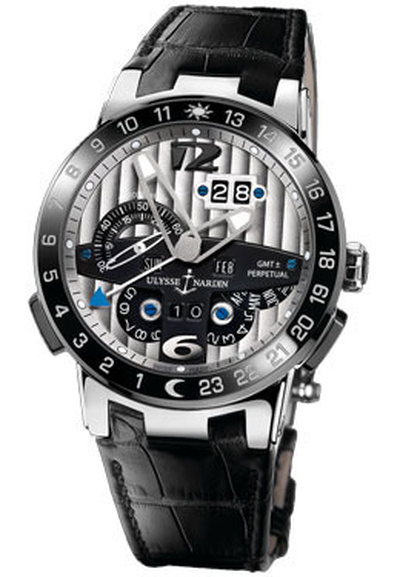 Ulysse Nardin El Toro GMT Silver Dial Platinum Black Leather Mens Watch - Item No: 329-00 (black, arb7970)