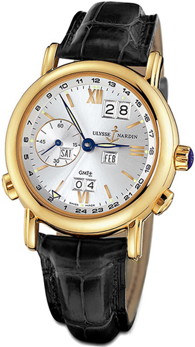 Ulysse Nardin GMT Perpetual Silver Dial 18kt Yellow Gold Black Alligator Leather Mens Watch - Model 321-22 (black, arb17349)