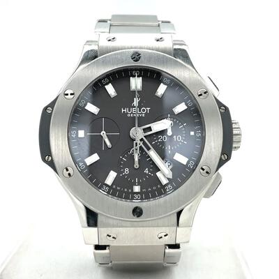 Pre-owned Hublot Big Bang Chronograph Black Dial 301ST5020GR Mens Watch: Stainless Steel Case, Grey Leather Strap, Automatic Movement 301.ST.5020.GR (black, arb7176)