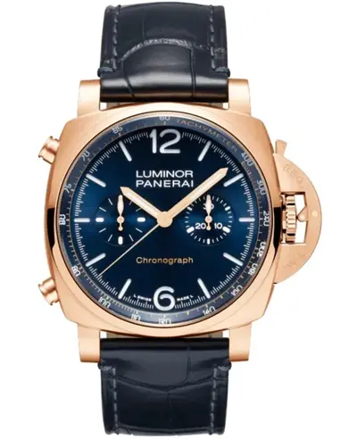 Panerai Luminor Chrono PAM01111 18kt Rose Gold Blue Dial Men's Automatic Chronograph Watch with Leather Strap (blue, arb12532)