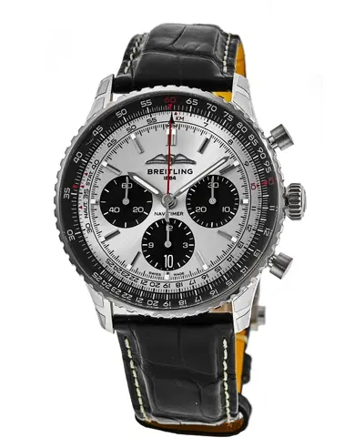 Navitimer B01 Chronograph 43 Automatic Panda Silver Dial Leather Strap Men's Watch AB0138241G1P1 Breitling (arb11406)