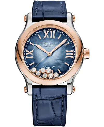 Chopard Happy Sport Medium Automatic 36mm Blue Mother of Pearl Floating Diamond Dial Leather Strap Women's Watch Model 278578-6003 (blue, arb10023)