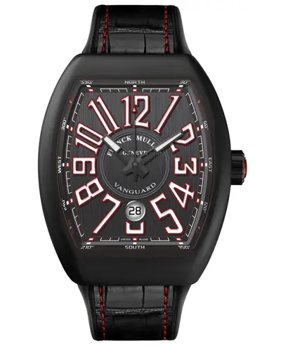 Franck Muller Vanguard Black Dial Leather Strap Men's Watch [Model: V45SCBRNRTTERGBW] V45 SC BR NR TT ERG B W (black, arb12878)