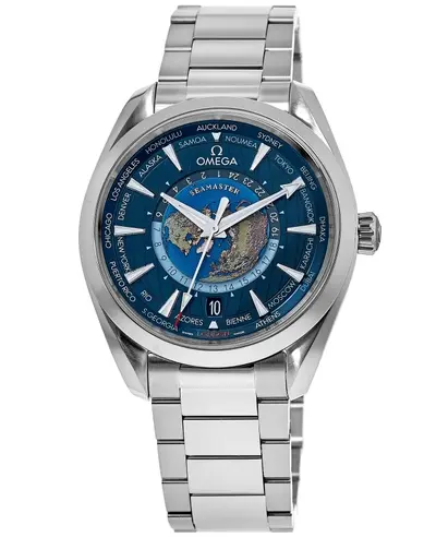 Brand New Authentic Omega Seamaster Aqua Terra 220.10.43.22.03.001, Polished Stainless Steel Worldtimer Blue Dial (blue, arb9802)