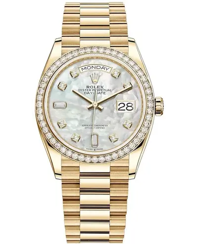 Rolex Day-Date 36 Mother of Pearl Diamond Dial Yellow Gold Automatic Watch Model M128348RBR-0017 (arb12263)