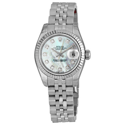 Pre-owned Rolex Lady Datejust 26, White Mother of Pearl Dial with Diamonds, Stainless Steel Jubilee Bracelet Automatic Watch Ref. 179174MDJ 179174-MDJ (arb21197)