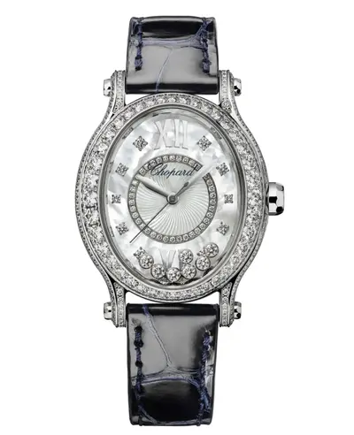 Chopard Happy Sport Oval 7 Model 275372-1001 Polished 18K White Gold Mother of Pearl Dial Floating Diamonds Blue Alligator Leather Strap Automatic Luxury Watch (arb9977)