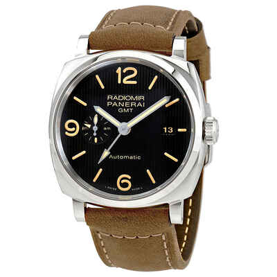 Panerai Radiomir 1940 PAM00657 Automatic Mens Watch - Silver Steel Case, Brown Leather Strap and GMT Function (black, arb6315)