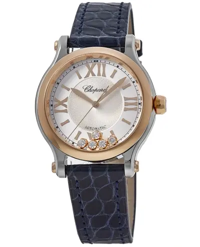 Chopard Happy Sport Automatic 33mm Floating Diamonds 18K Rose Gold Bezel Leather Strap Women's Watch Model 278608-6001 (arb10079)