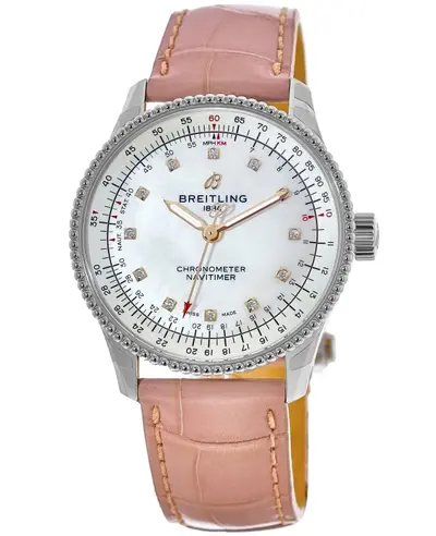 Authentic Breitling Navitimer Automatic 35 Mother of Pearl Diamond Dial with Pink Leather Strap Model A17395211A1P3 (arb11311)
