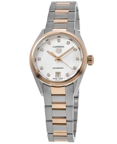 Brand New Authentic Tag Heuer Carrera Automatic Mother of Pearl Diamond Dial Rose Gold & Steel Women's Watch wbn2450.bd0569 (arb13032)