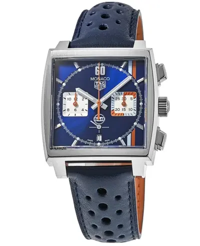 Authentic Tag Heuer Monaco Chronograph Gulf Edition Blue Dial Leather Strap Men's Watch CBL2115FC6494 CBL2115.FC6494 (blue, arb11557)