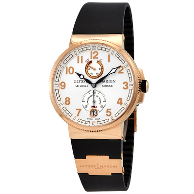 Pre-owned Ulysse Nardin Marine Chronometer Manufacture 18kt Rose Gold Mens Watch with Black Rubber Strap and Silver Dial Article: 1186-126-3/61 (black, arb7209)