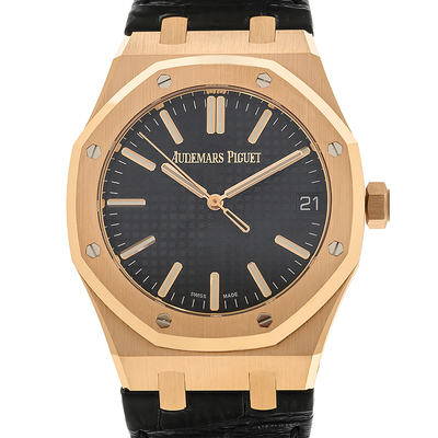 Audemars Piguet Royal Oak 50th Anniversary Mens Automatic Black Dial Watch with Rose Gold Tone Case and Alligator Strap, Model: 15510OR.OO.D002CR.01 (black, arb793)