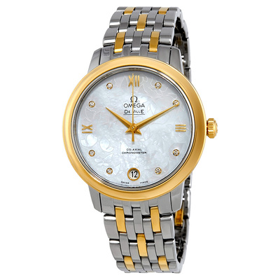 Pre-owned Omega De Ville Prestige Ladies Watch 424.20.33.20.55.002 with White Mother of Pearl Dial and Yellow Gold Bracelet (arb20175)