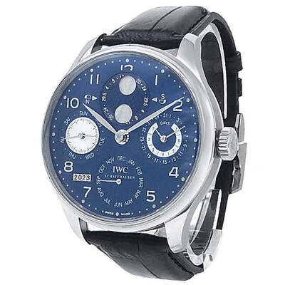 Pre-owned IWC Portuguese Perpetual Calendar Automatic Moon Phase Blue Dial Mens Watch IW503203 (black, arb5227)