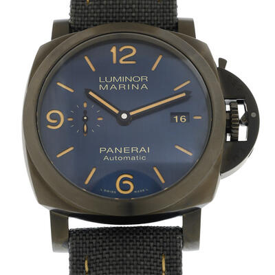 Panerai Luminor Hand Wind Mens Watch - Black Titanium Case with Grey Canvas Strap, Blue Dial PAM01021 (black, arb4910)