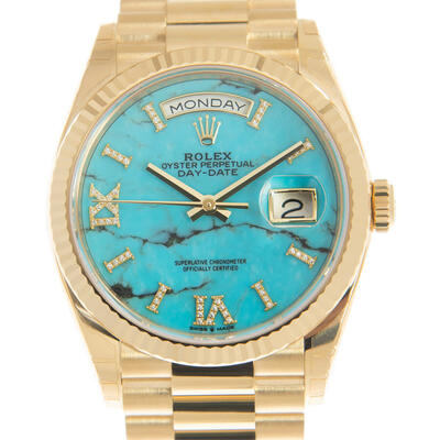 Rolex Day-Date 36 Turquoise Dial 18kt Yellow Gold President Watch 128238DSP 128238TQRSDP (arb5752)