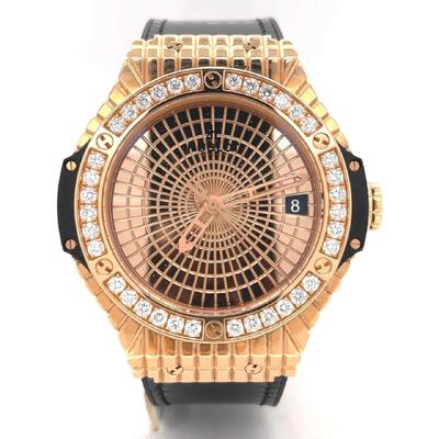 Pre-owned Hublot Big Bang Caviar Gold Dial Black Leather Mens Watch 346.PX.0880.VR.1204 (black, arb6505)