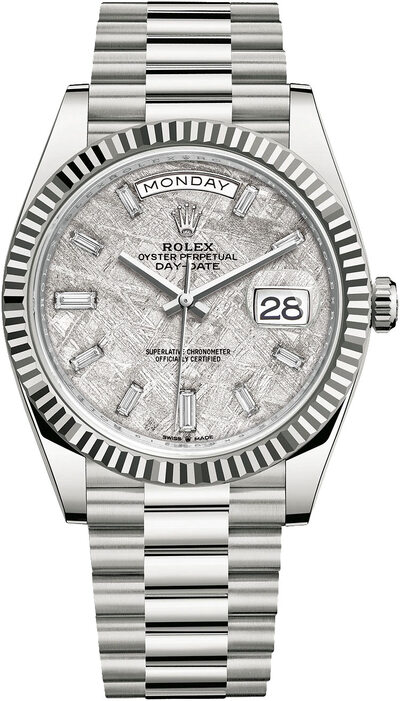 Rolex Day-Date 40 228239MTDP: White Gold Case, Meteorite Dial, Baguette Diamonds (arb5857)
