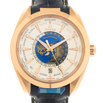 Omega Aqua Terra Co-Axial World Time Automatic Chronometer Silver Dial Watch Reference 22053432202001 220.53.43.22.02.001 (blue, arb4265)