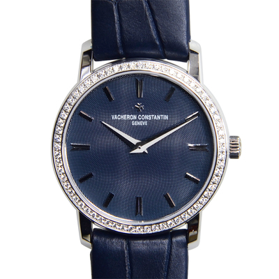 Vacheron Constantin Traditionnelle Blue Dial Diamond Watch, Ladies Model, Calibre 1202 Quartz Movement, 18kt White Gold Case with Fixed Bezel Set in 64 Diamonds 25558/000G-9758 (blue, arb8110)