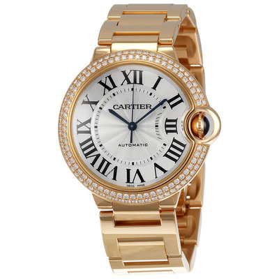 Pre-owned Cartier Ballon Bleu WE9005Z3: 18kt Rose Gold Watch with Diamond Bezel (blue, arb24875)