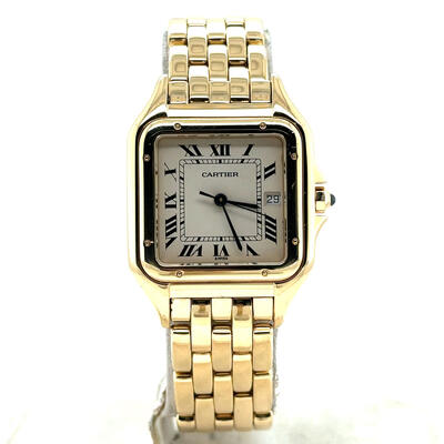 Pre-owned Cartier Panthere Quartz Ladies Watch 8839 Dial Yellow Gold-tone 18kt Yellow Gold Case Square Shape 29mm Beige Analog Dial Blued-steel Sword-shaped Hands Roman Numerals Hour Markers Minute Scale Inner Rim Date Display 3 O'clock Position Solid Case Back Pull Crown Hidden Clasp Square Case Shape Size 29mm Thickness 6mm Band Width 15mm Sapphire Crystal Blue Details (beige, arb6802)
