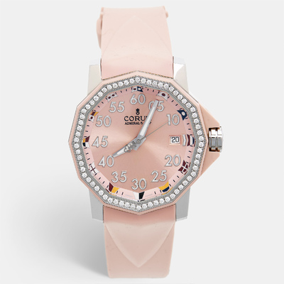 Corum Pre-Owned Admiral's Cup 01.0033 Women's Wristwatch - Stainless Steel Case, Pink Resin Bezel with Diamonds 998467 (pink, arb9237)