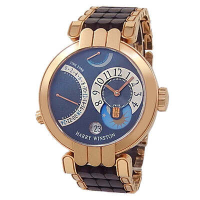 Pre-owned Harry Winston Premier Excenter Time Zone Hand-Wind Blue Dial Mens Watch 200-MMTZ39R (blue, arb4768)