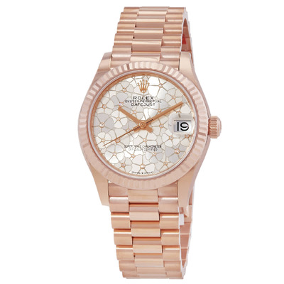 Rolex Datejust 31 Silver Floral-Motif Diamond Dial Automatic Ladies 18kt Everose Gold President Watch M278275-0045 (arb7815)