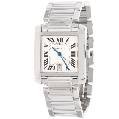 Pre-owned Cartier Tank Francaise Mens Watch Silver guilloche Dial, Polished 18k White Gold Case w50011s3 (black, arb3027)