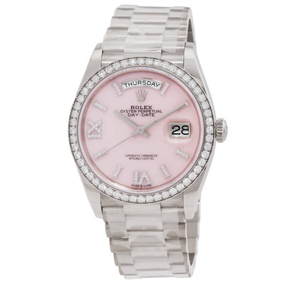 Rolex Day-Date 36 Pink Opal Diamond Dial White Gold President Watch Reference: 128349PRSDP M128349RBR-0008 (arb4149)