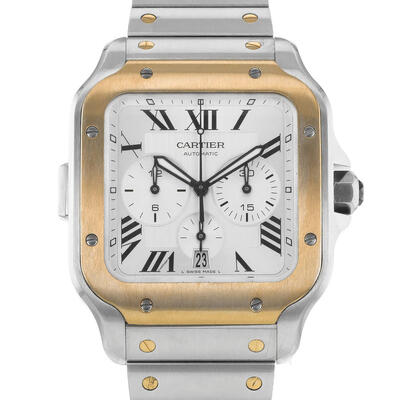 Pre-owned Cartier Santos Chronograph Automatic - Silver Dial Mens Watch W2SA0008 (black, arb4712)