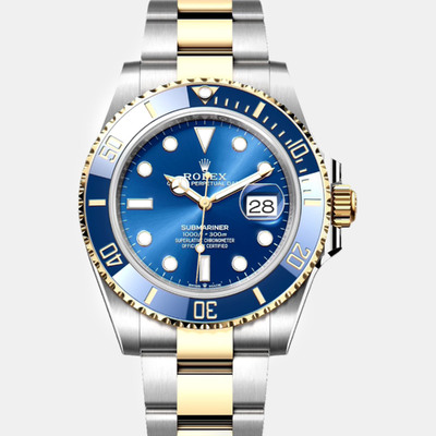 Rolex Blue Dial 18K Yellow Gold Stainless Steel Submariner LB Automatic Men's Wristwatch Reference: 1110822 (blue, arb9198)