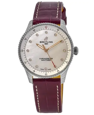 Breitling Navitimer 32 White Mother of Pearl Diamond Dial with Burgundy Leather Strap - Model a77320e61a2p2 (arb11366)