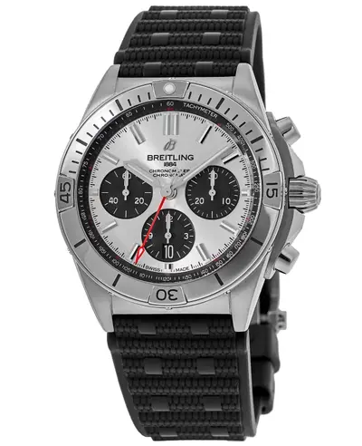 Men's Breitling Chronomat B01 42 Silver Chronograph Dial Black Rubber Strap Watch ab0134101g1s2 (arb11381)