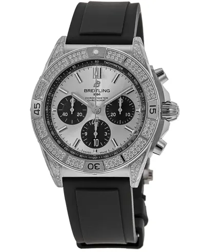 Men's Breitling Chronomat AB0134721G1S1 - Automatic Chronograph with Silver Dial, Diamond Bezel, Black Rubber Strap (arb11388)